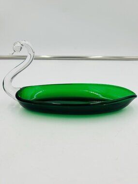 MCM Viking Glass Co.  Martinsville WV Emerald Green Swan 8.5" Relish Candy Bowl